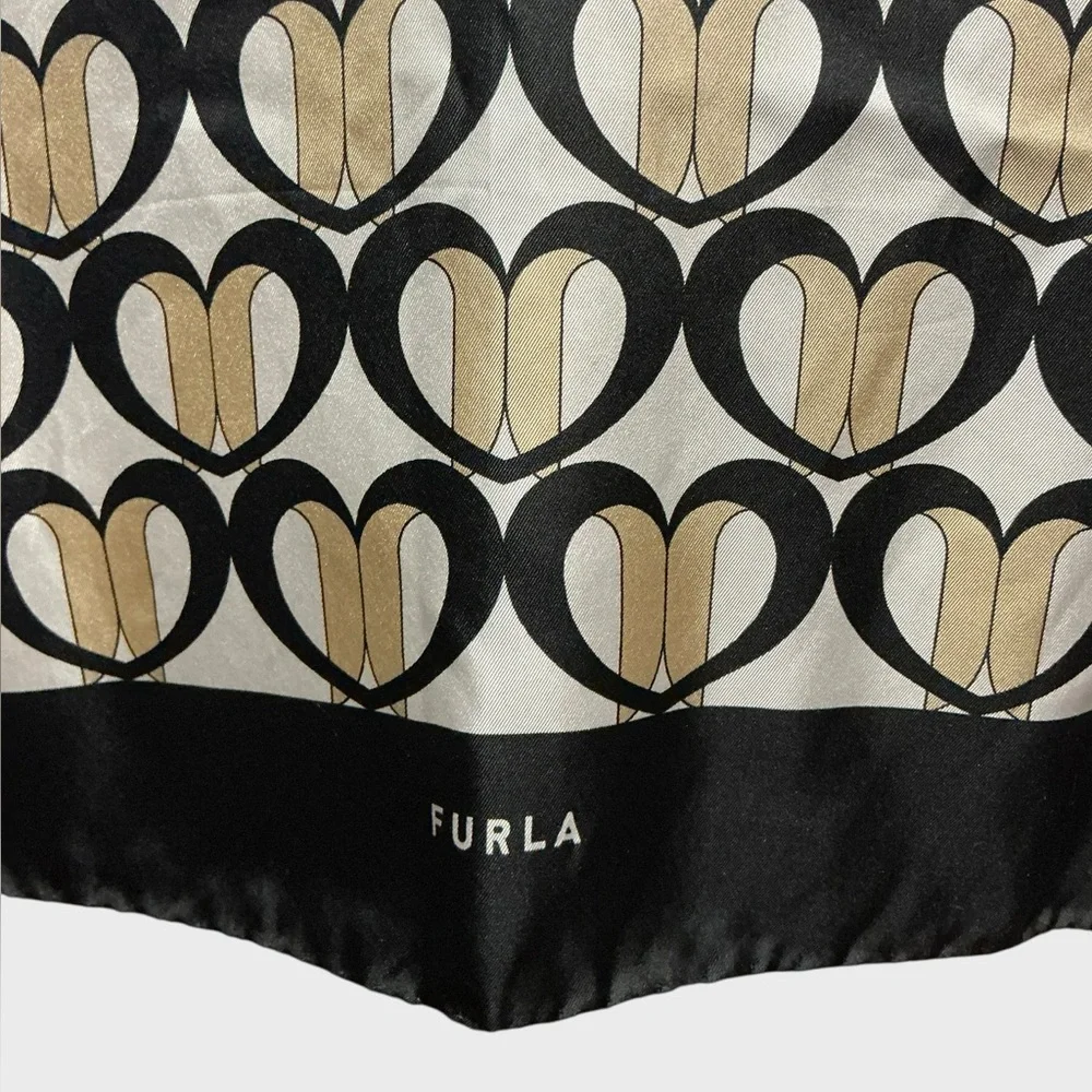Furla Heart Print Square Scarf Black Cream Bandana Neck Scarf 23” Designer